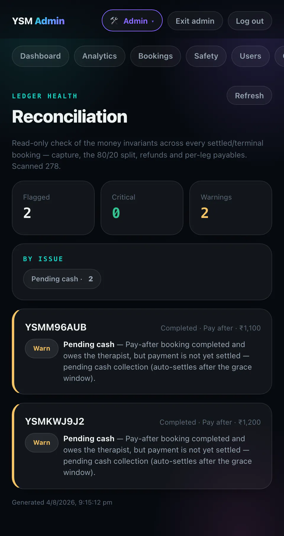 Reconciliation screen: 278 bookings scanned, zero critical issues, two warnings for pay-after bookings with cash not yet collected.