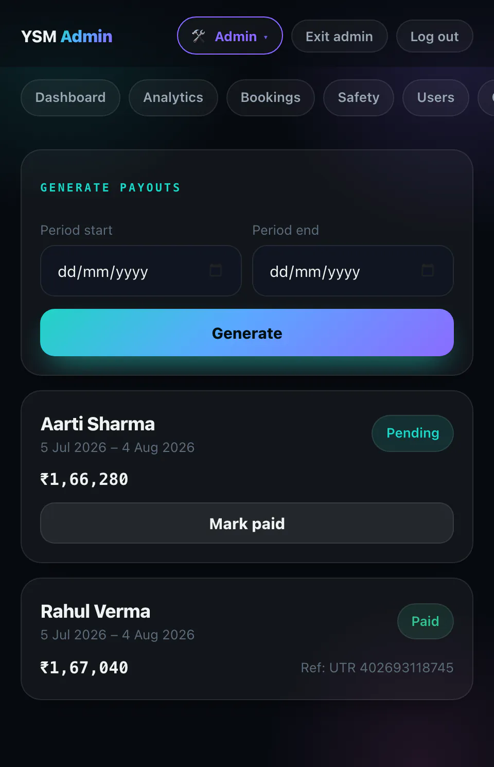 Payouts screen: generate payouts for a period, one professional pending and one marked paid with a bank reference.