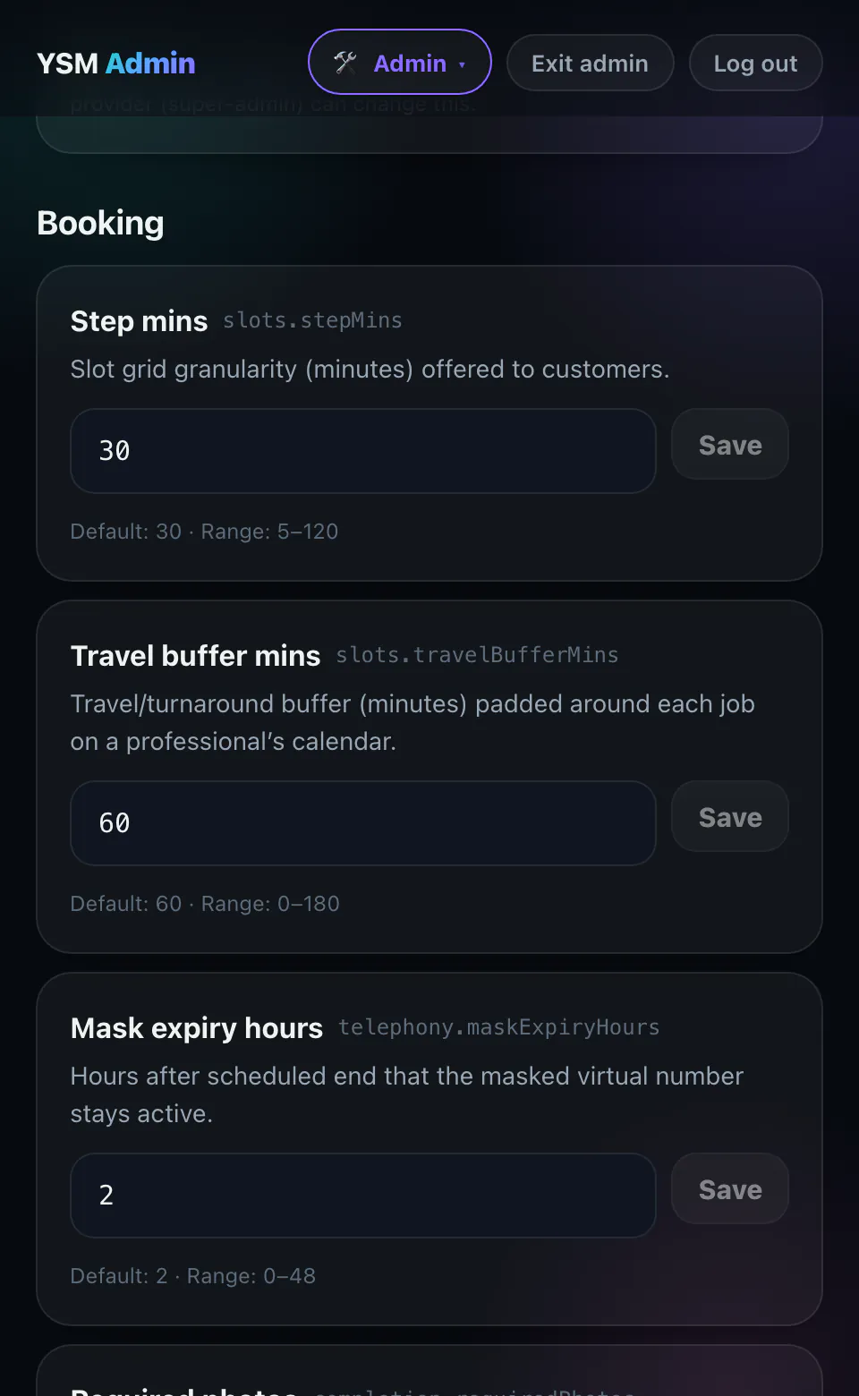 Settings screen showing editable booking rules: slot granularity, travel buffer between jobs and masked-number expiry, each with its default and allowed range.