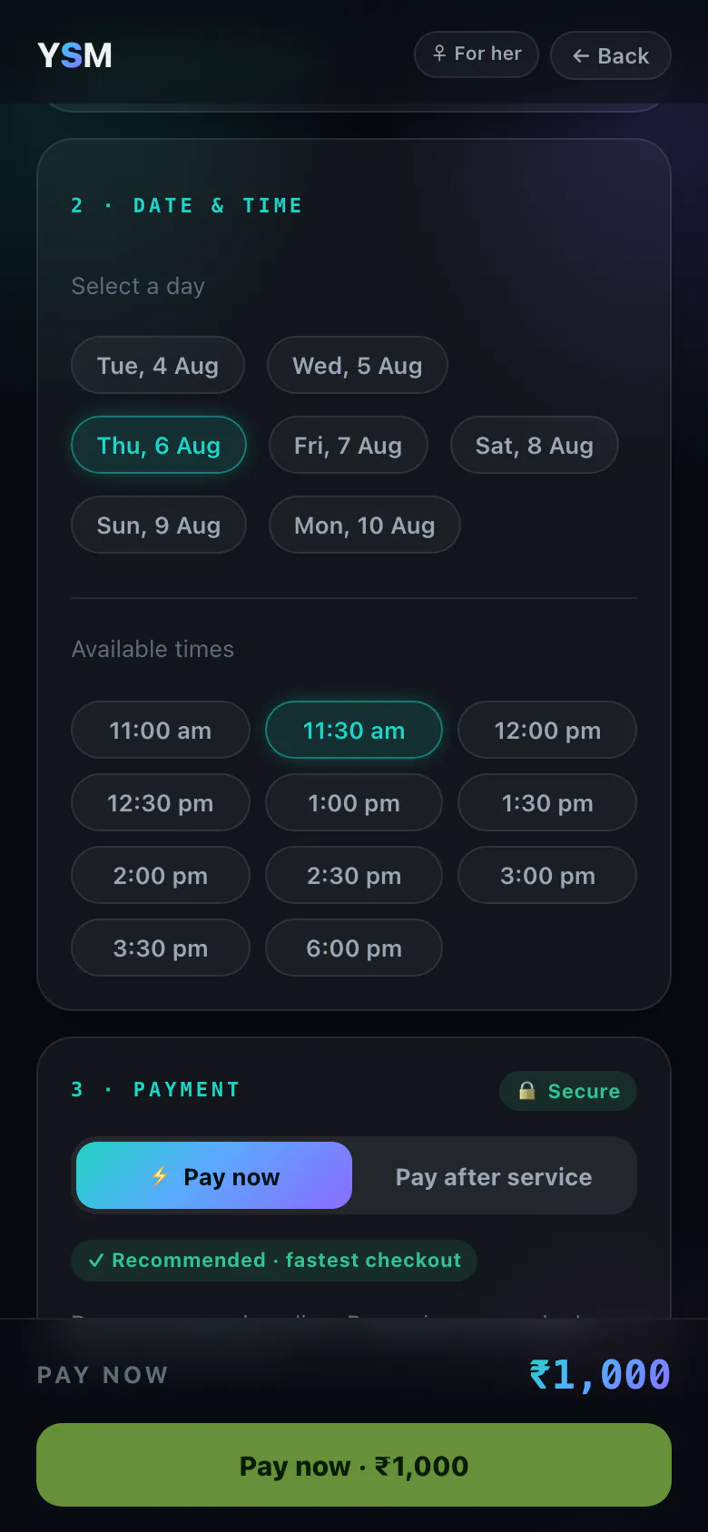 Customer checkout: address confirmed as serviceable, a day picked and a grid of available times, with pay-now or pay-after-service options.