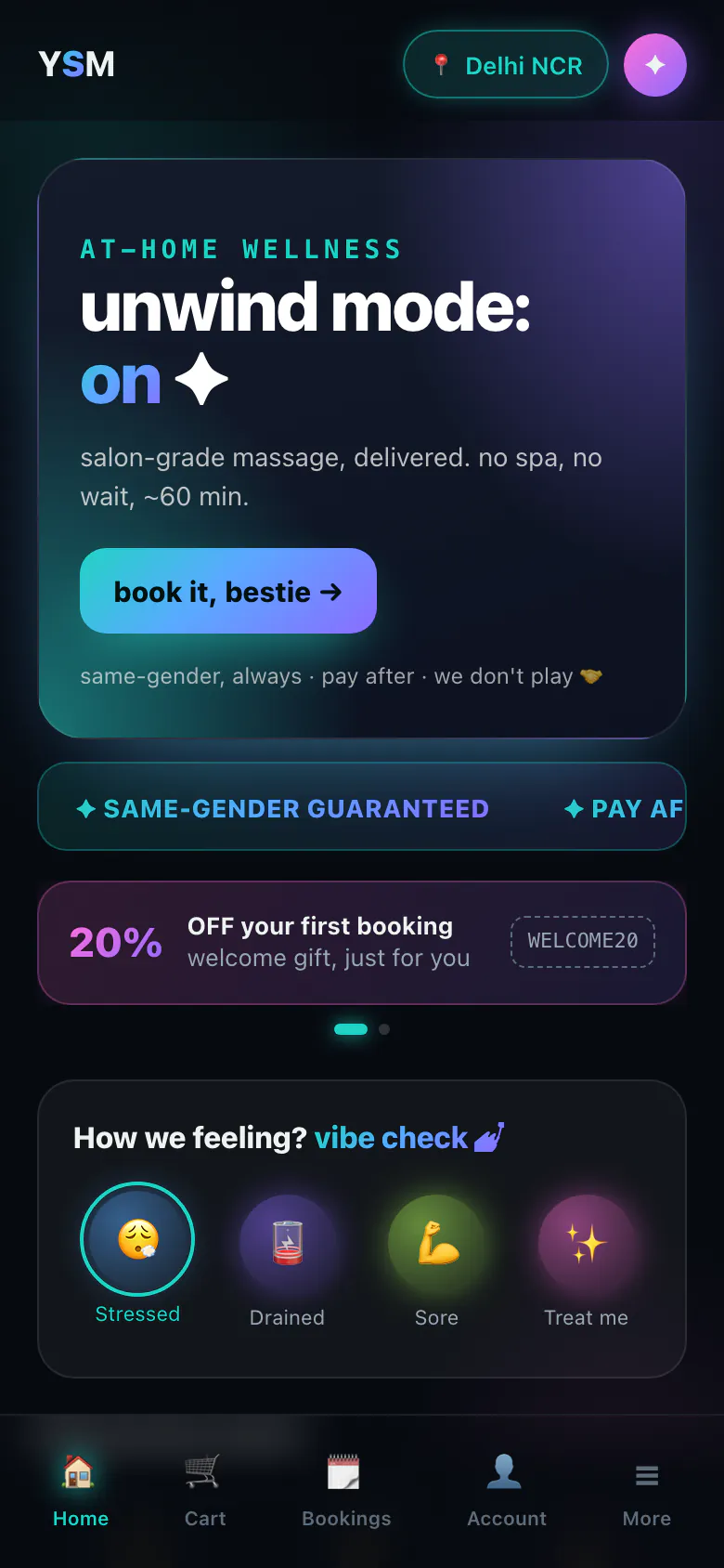 Customer app home screen: hero offer, first-booking discount code and a mood-based service picker, under the brand's own name.