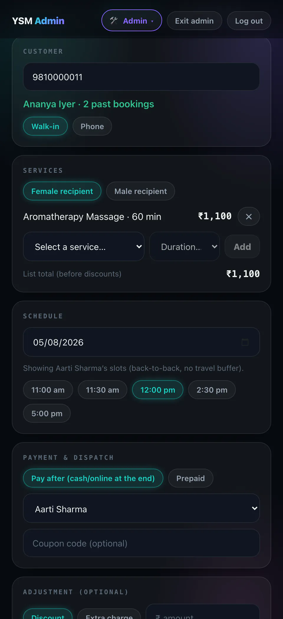 Front-desk new booking form: customer found by phone number, in-store location, service added, a professional's live slot grid with 12:00 pm selected, pay-after selected.
