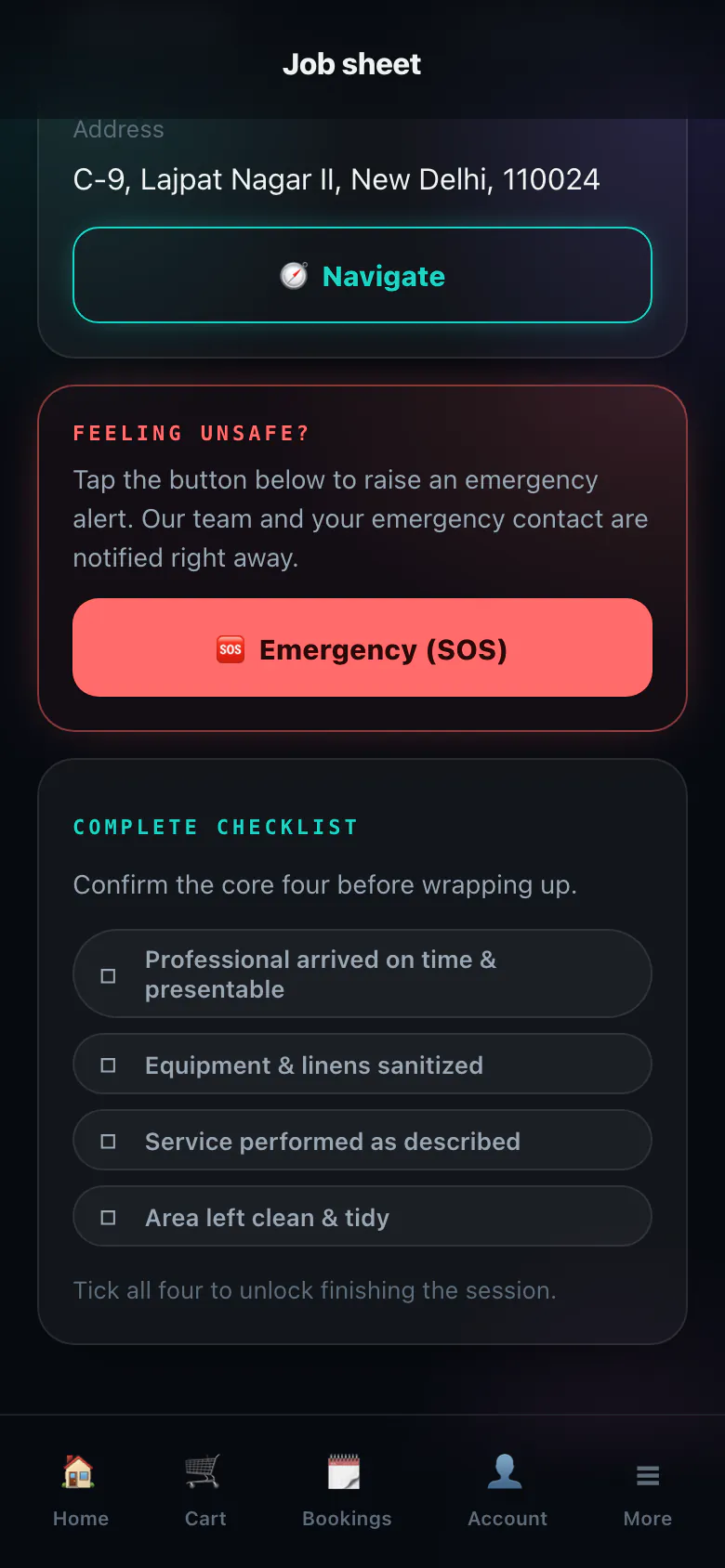 Professional's job sheet on a phone: customer address with navigate button, emergency SOS button and the four-point completion checklist.